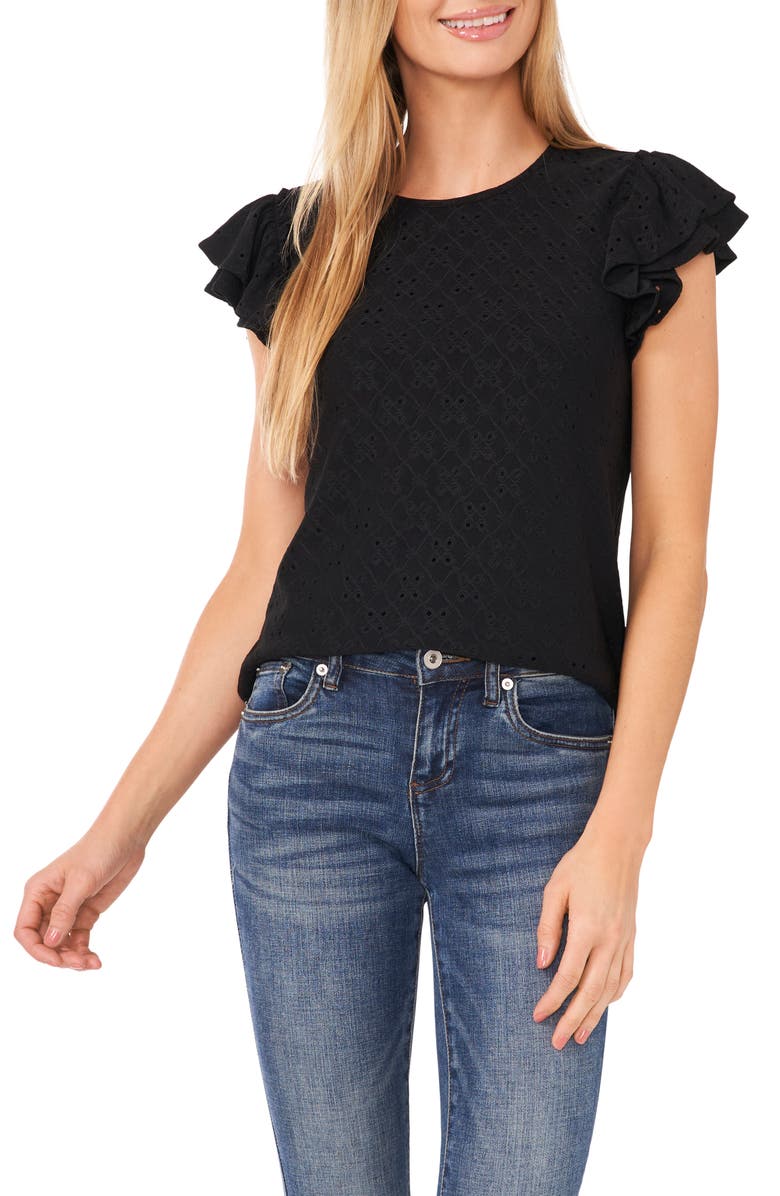 CeCe Double Ruffle Sleeve Eyelet Knit Top, Main, color, 