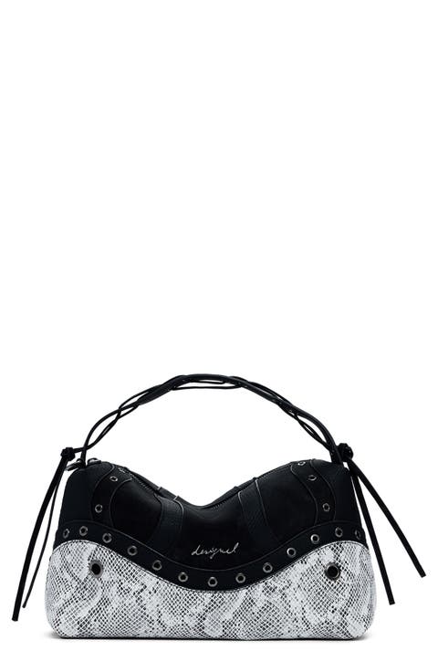 Studded Snakeskin Print Faux Leather Handbag