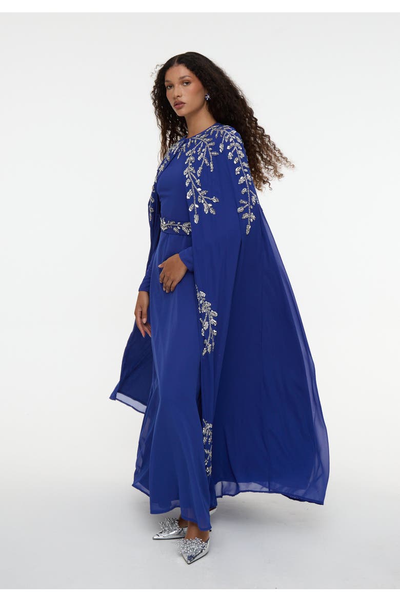Modest Embellished Sequin Beaded Cape Dress Maxi, Alternate, color, ROYAL BLUE