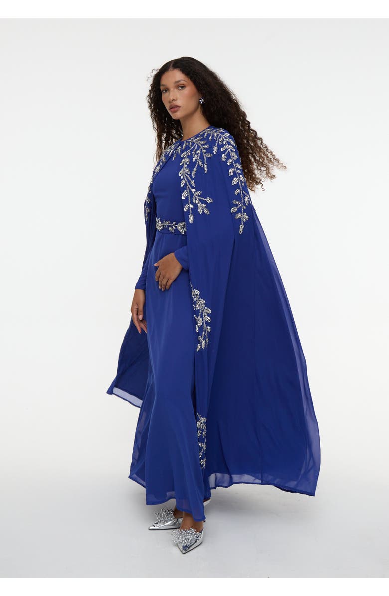 MARYISA Modest Embellished Sequin Beaded Cape Dress Maxi, Alternate, color, Royal Blue