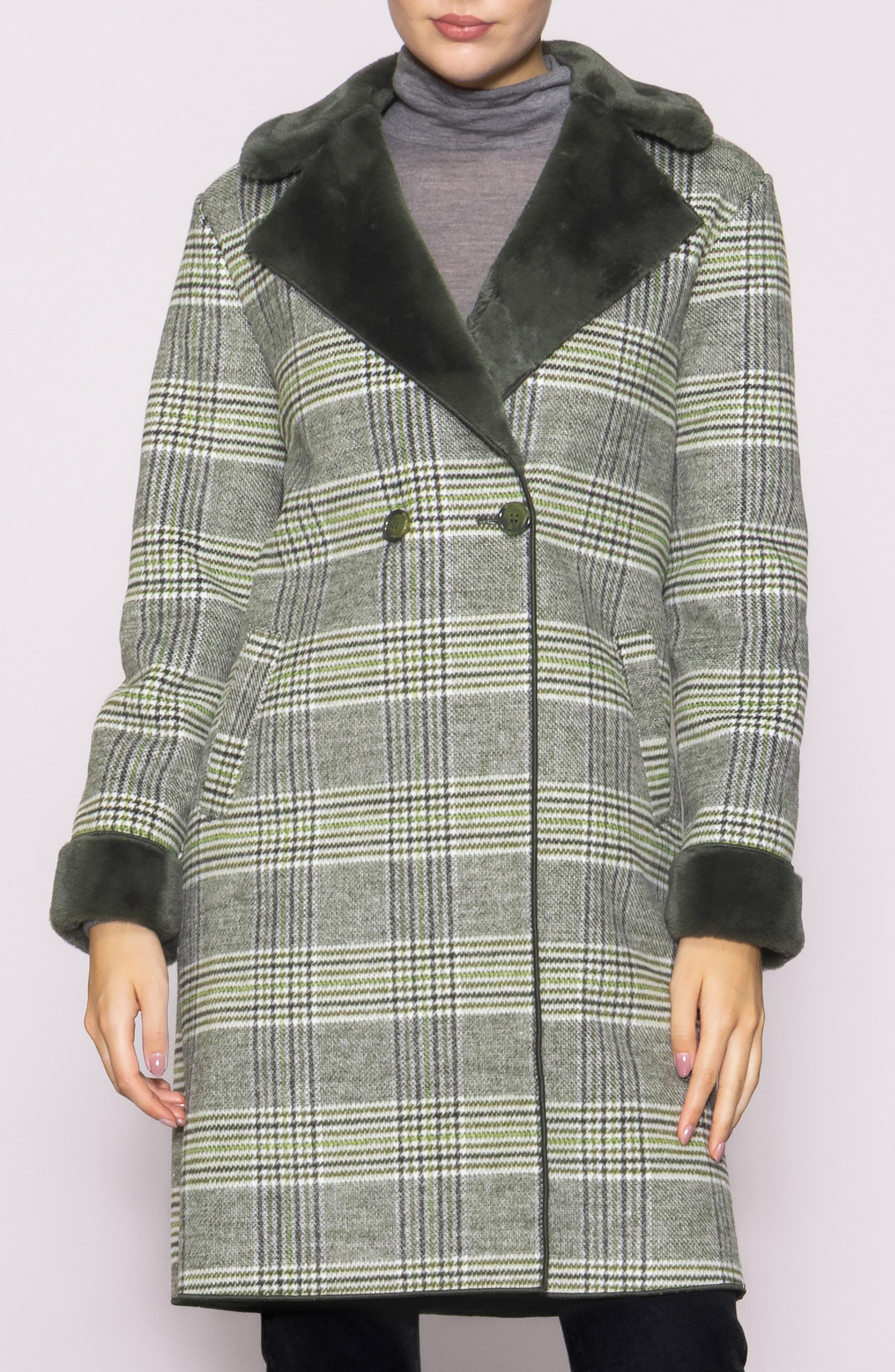 MELLODAY Plaid Faux Fur Trim Coat