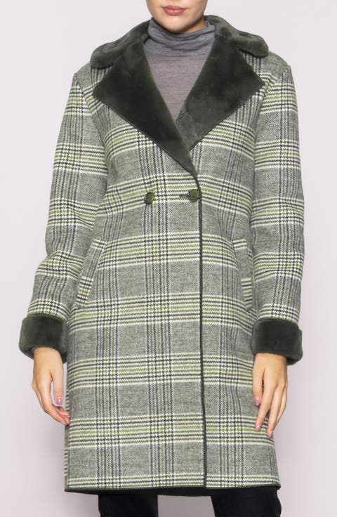 Plaid Faux Fur Trim Coat