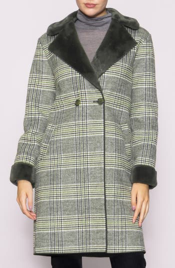 Melloday Plaid Faux Fur Trim Coat In Green