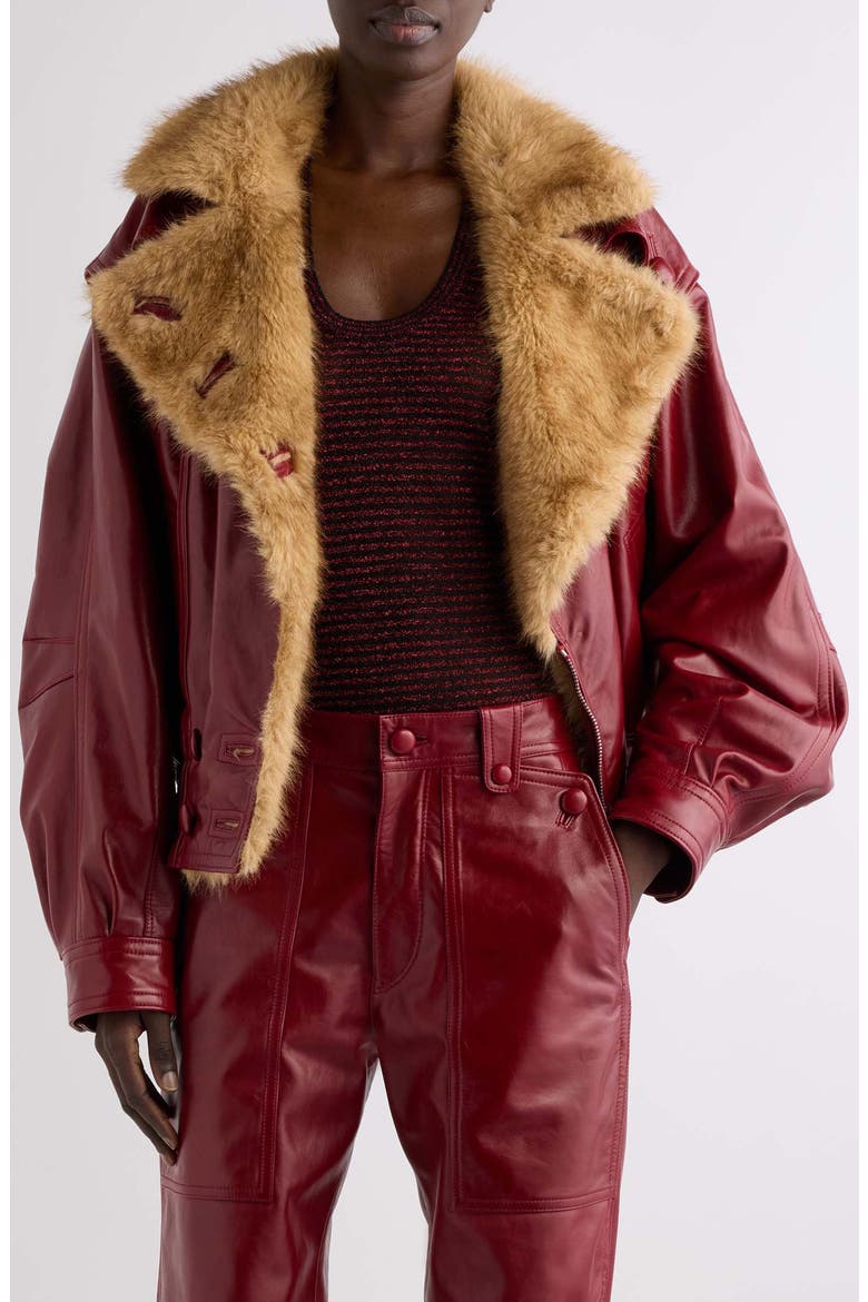 Valina Leather Jacket with Faux Fur Collar, Main, color, DEEP RED
