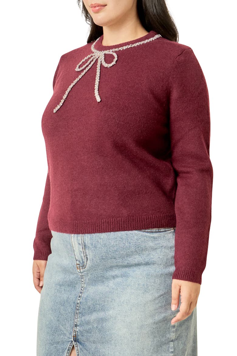 Rhinestone Bow Sweater, Alternate, color, WINE