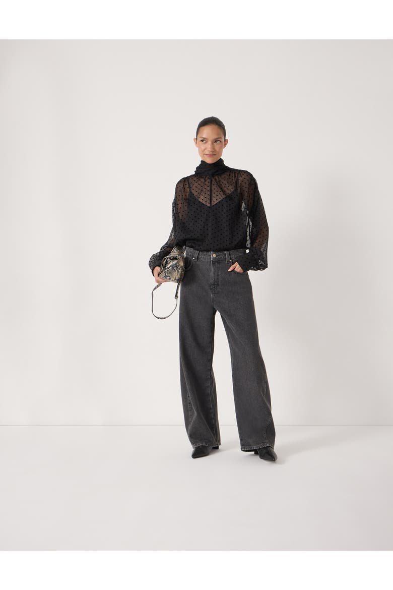 Tie Neck Flocked Spot Blouse, Alternate, color, Black