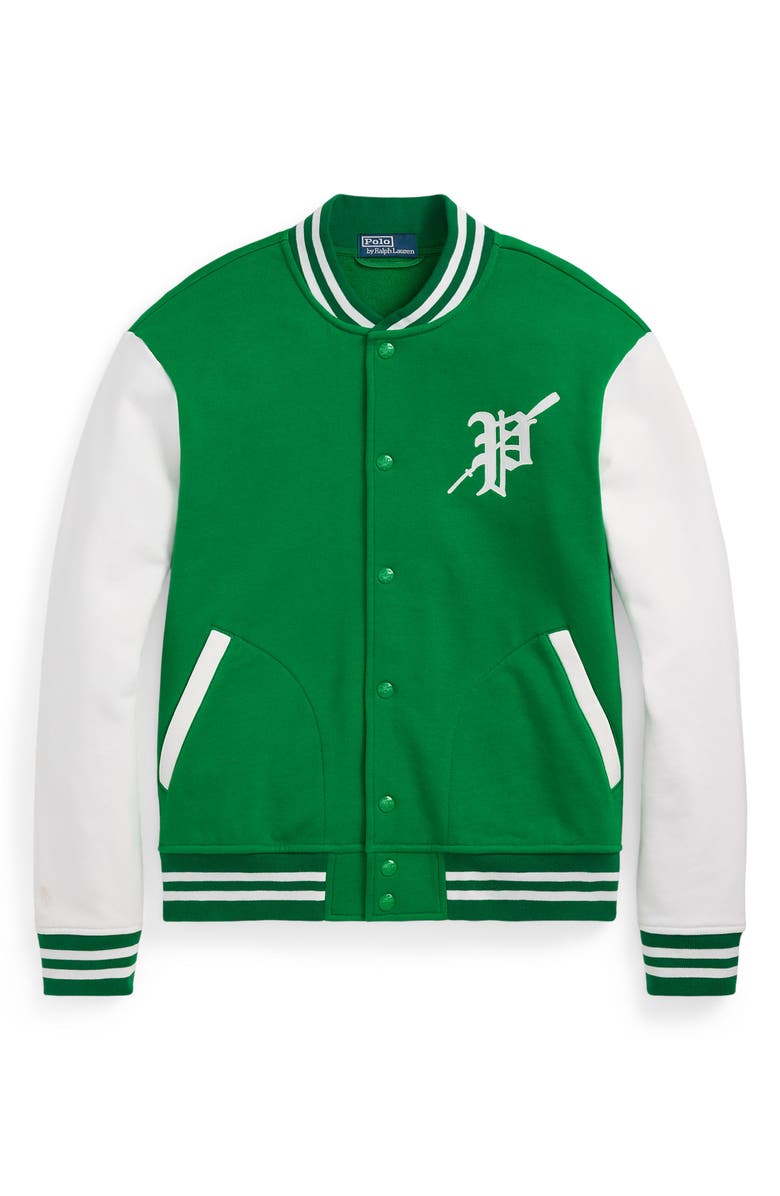Polo Ralph Lauren Graphic Fleece Baseball Jacket, Alternate, color, Cruise Green/Nevis