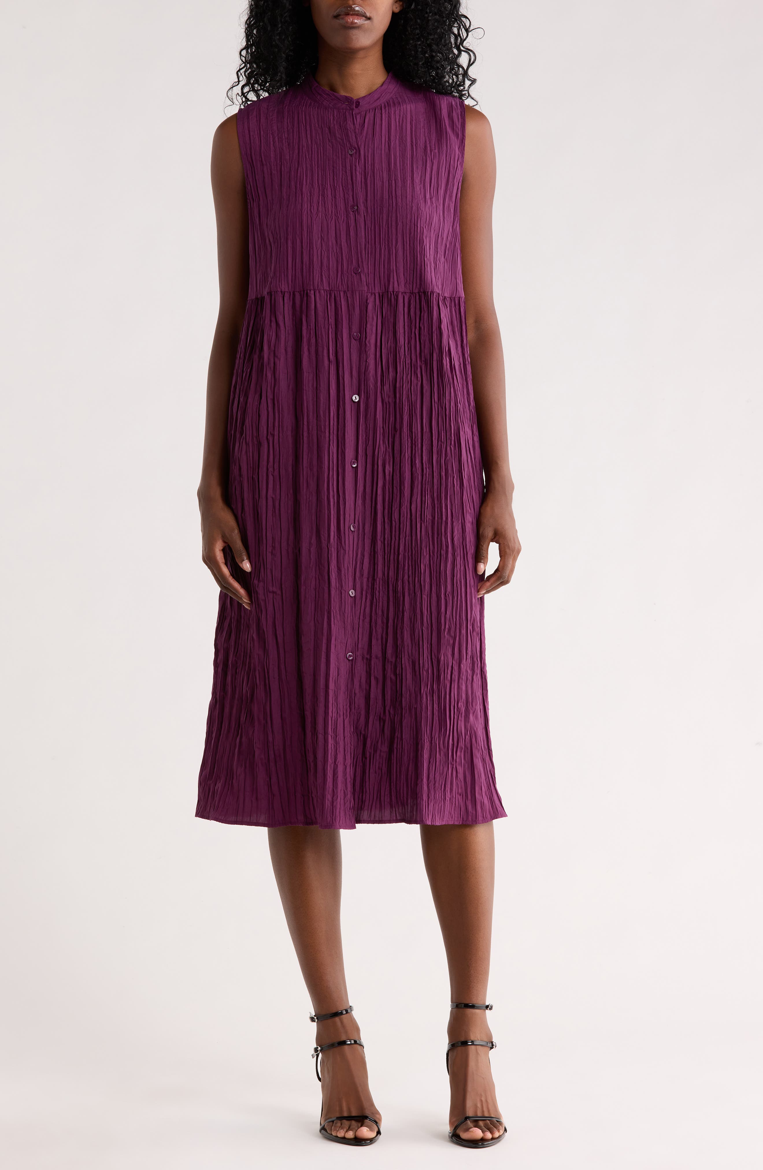 Eileen Fisher Sleeveless Crinkled Silk Shirtdress
