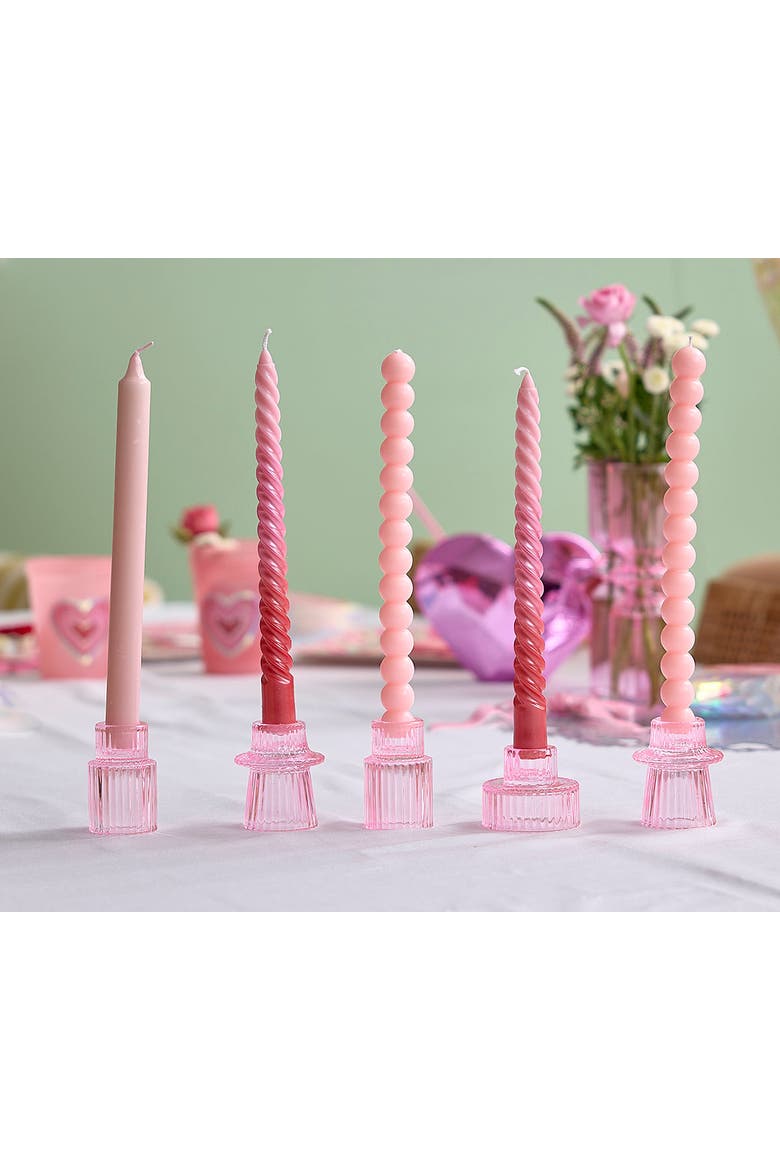 Pink Ribbed Glass Candle Holders Set of 5 - Blush Pedestal Taper Candle Holders for Birthday, Bridal, and Party Tablescape Décor, Alternate, color, Pink