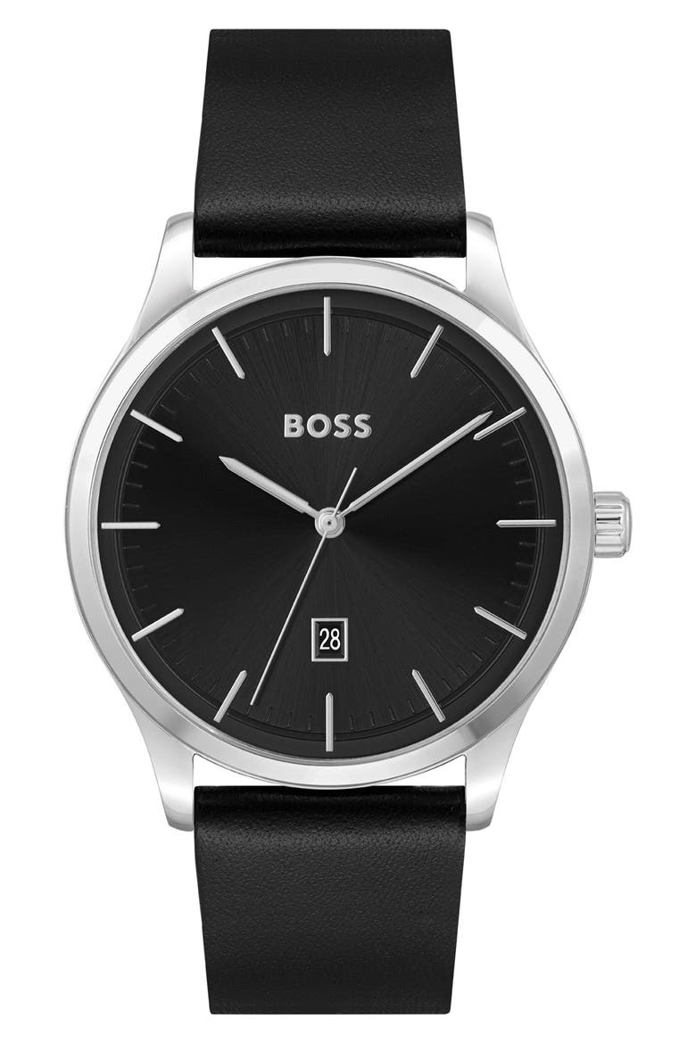 Reason Quartz Leather Strap Watch, 43mm, Main, color, BLACK DIAL