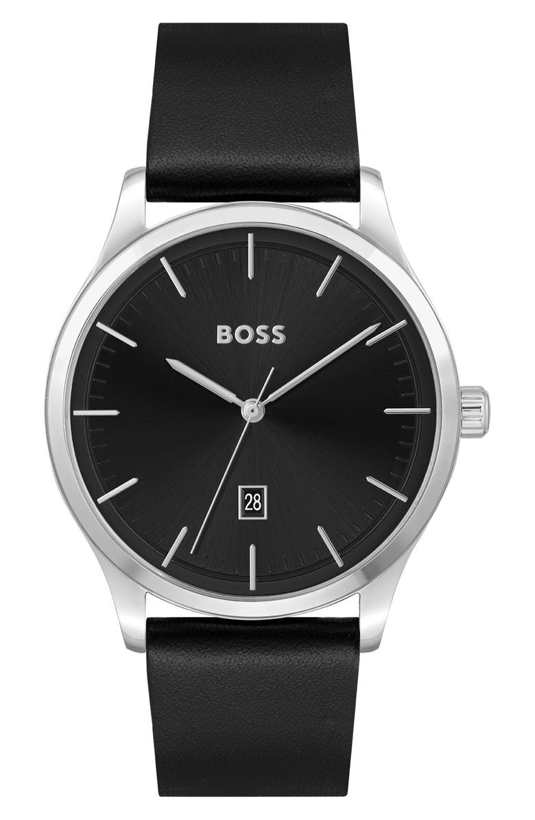 BOSS Reason Quartz Leather Strap Watch, 43mm, Main, color, Black