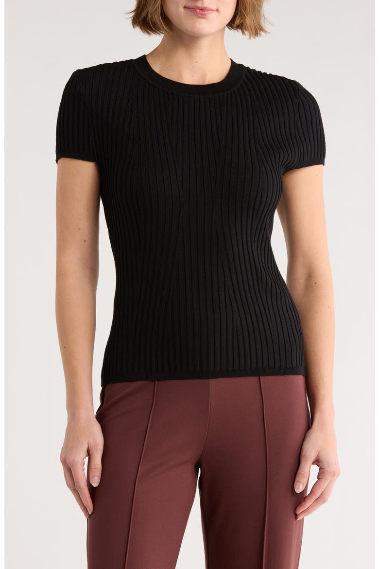 Short Sleeve Rib Knit Sweater, Main, color, BLACK/ BLACK