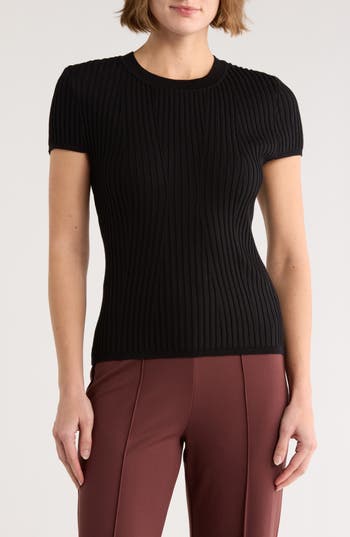 Dkny Short Sleeve Rib Knit Sweater In Black