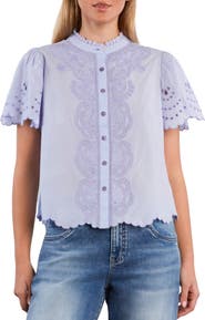 Wash Lab Denim Sweet Lace Trim Cotton Blend Top
