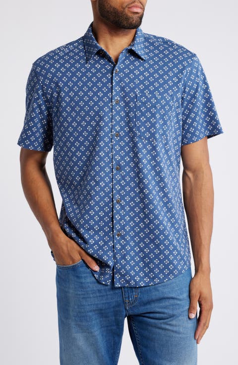 Print Short Sleeve Cotton Button-Up Shirt