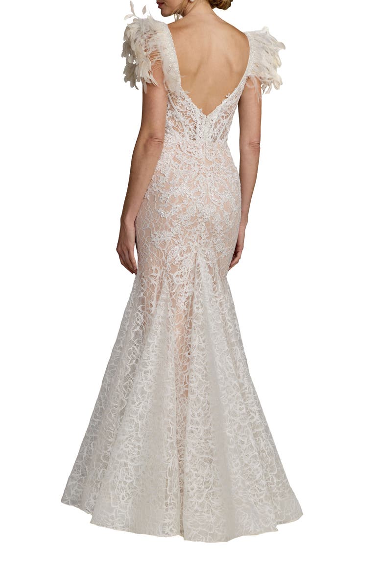 Feather Detail Embellished Mermaid Gown, Alternate, color, Ivory Nude