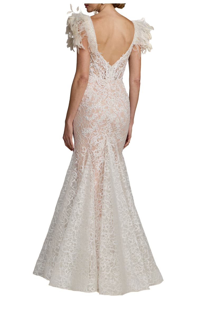 Mac Duggal Feather Detail Embellished Mermaid Gown, Alternate, color, Ivory Nude