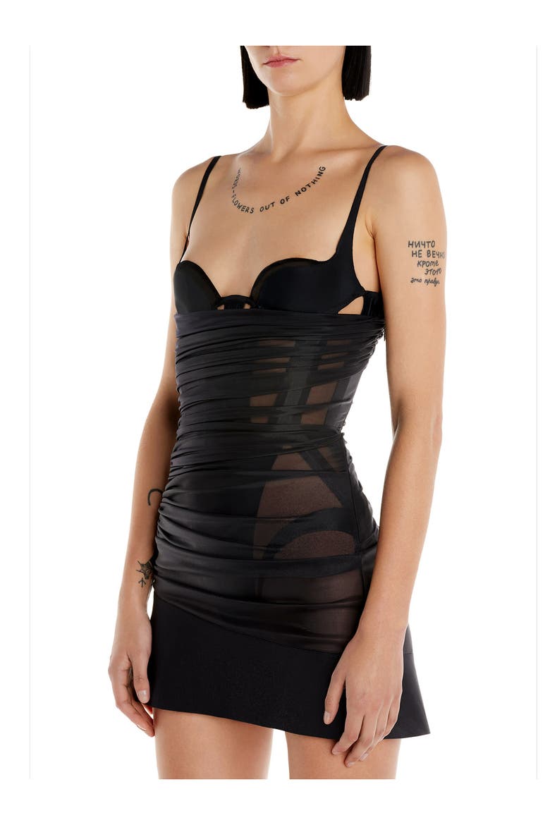 Corseted Gathered Waist Semisheer Body-Con Mesh Minidress, Alternate, color, BLACK