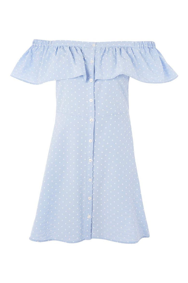 Dobby Dot Off the Shoulder Dress, Alternate, color, LIGHT BLUE MULTI