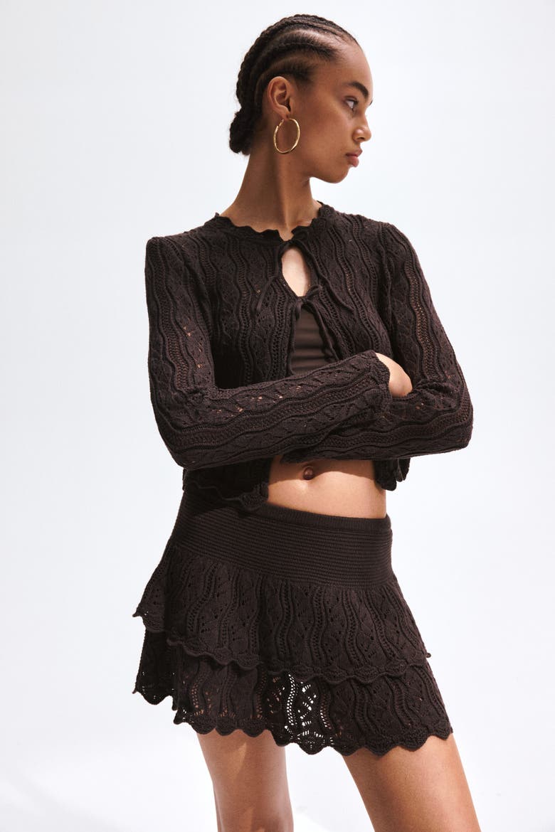 Pointelle-knit Tie-front Cardigan, Alternate, color, Dark brown
