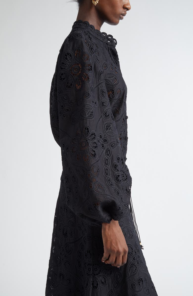 Zimmermann Rhiannon Guipure Lace Trim Cotton Shirt, Alternate, color, Black