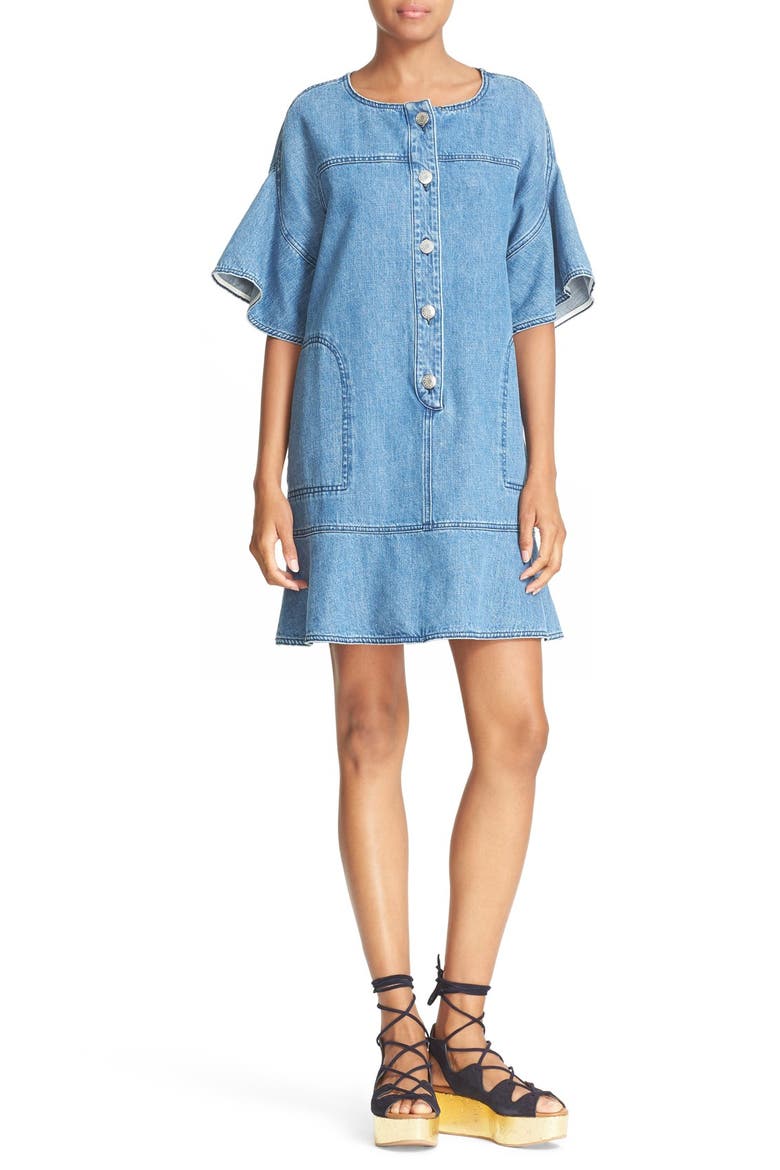 Ruffle Sleeve Denim Dress, Main, color, WASHED INDIGO