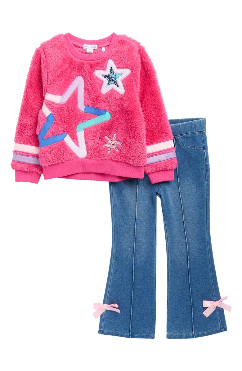 Flapdoodles Kids' Star Faux Fur Sweatshirt & Flare Leggings Set, Main, color, Pink
