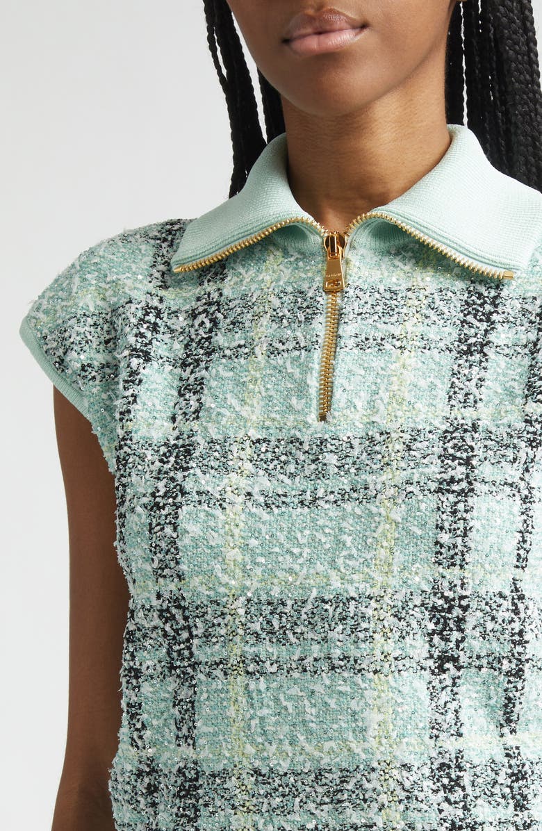 Balmain Tweed Zip Funnel Neck Sweater, Alternate, color, Ulm Pale Green/ Multi