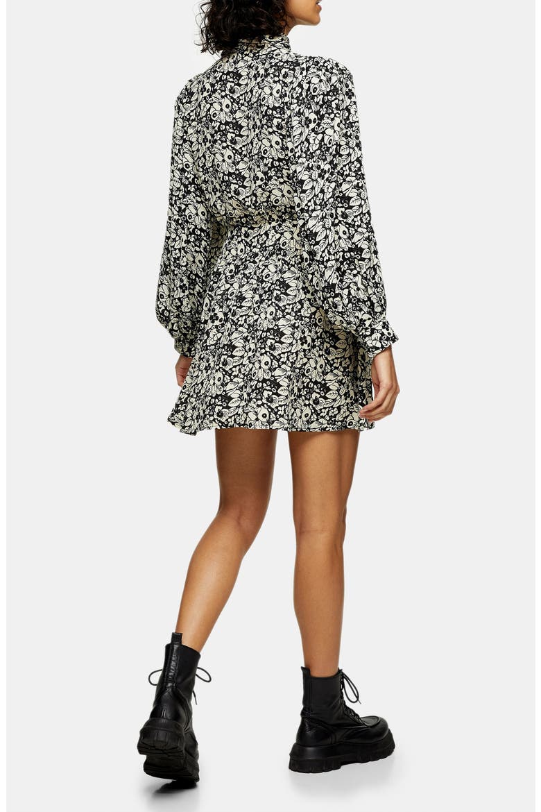 Pintuck Mock Neck Long Sleeve Minidress, Alternate, color, BLACK MULTI