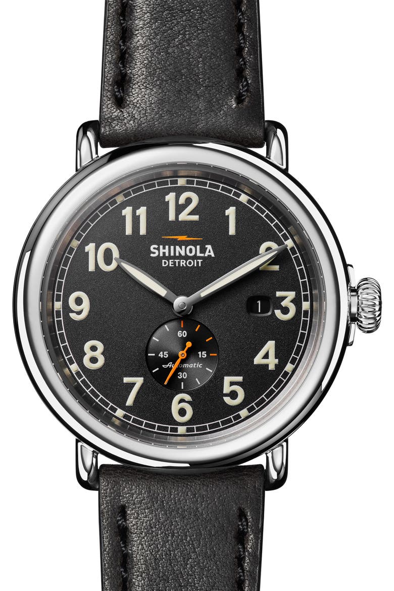 Runwell Automatic Leather Strap Watch, 45mm, Main, color, BLACK