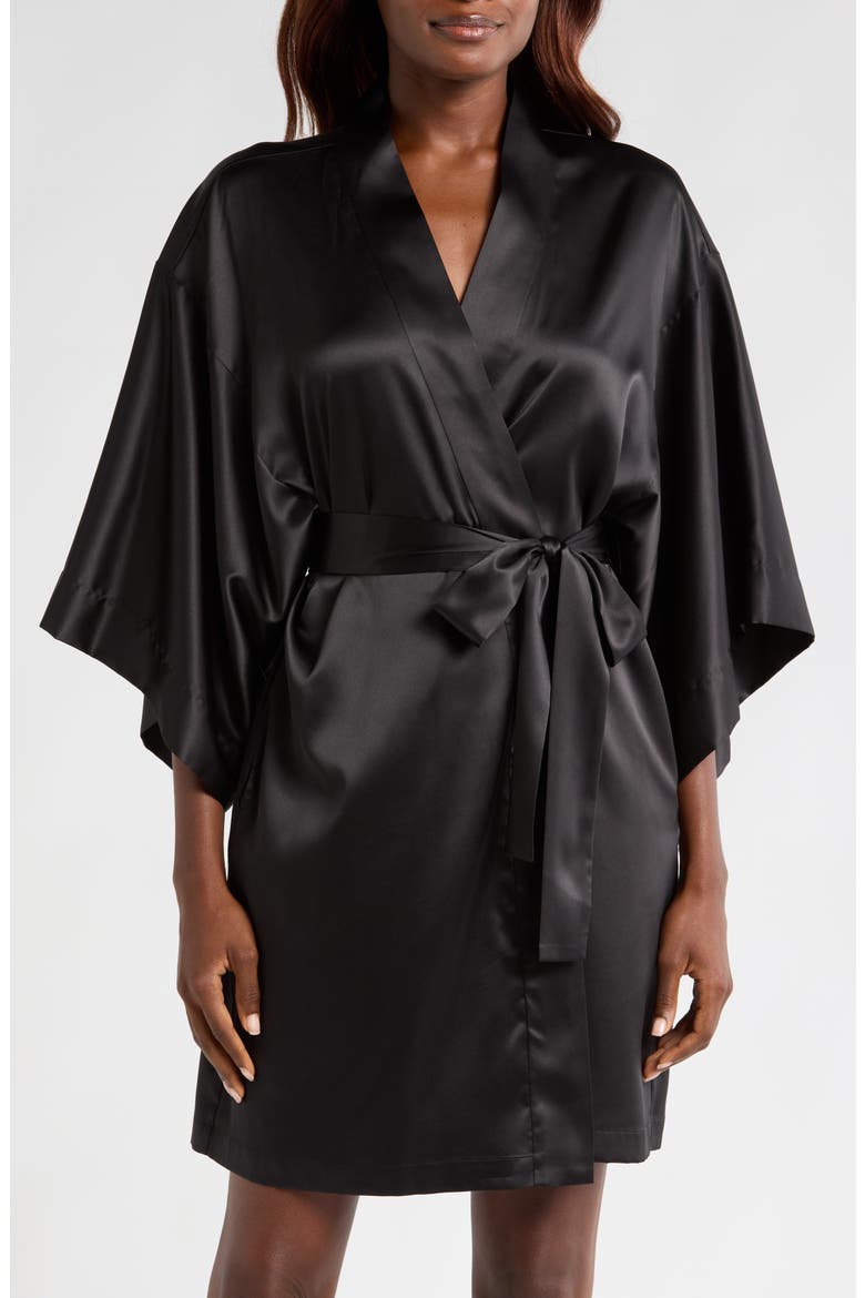 Glamour Short Satin Robe, Main, color, BLACK