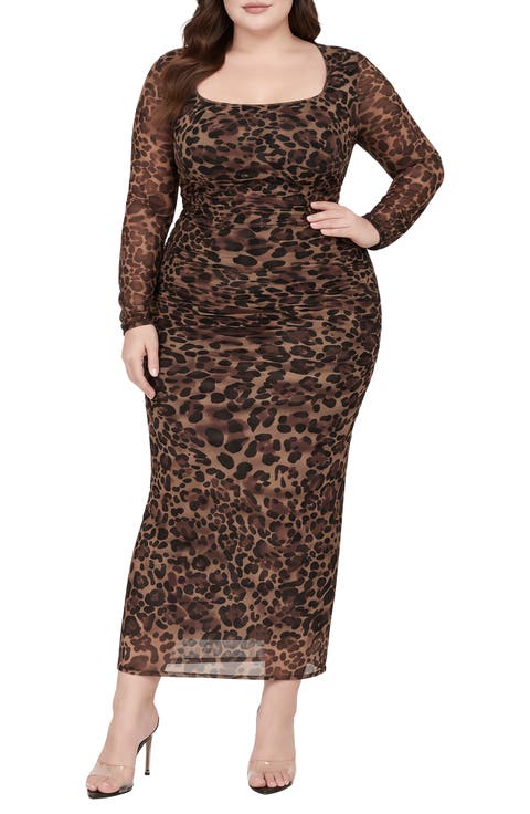 Leopard Print Ruched Bodycon Midi Dress