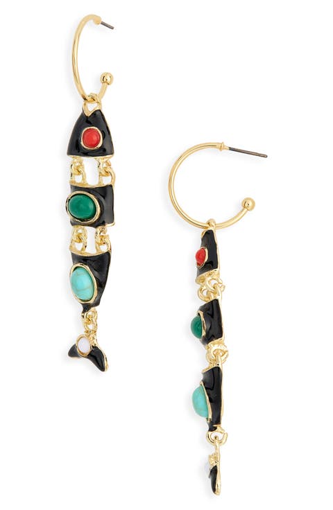 Enamel Fish Drop Hoop Earrings