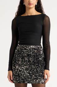 Open Edit Ruched Long Sleeve Mesh Top