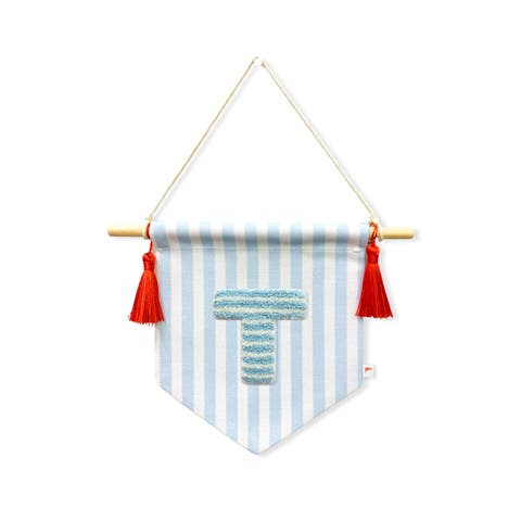 A B C' Blue Striped Create-Your-Own Banner with Red Tassels and Chenille Letter Patch