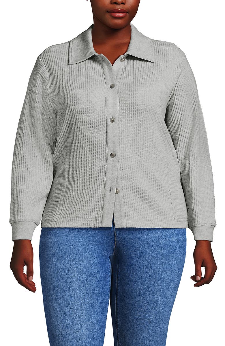Lands' End Waffle Relaxed Long Sleeve Shirt Jacket, Main, color, Gray Heather
