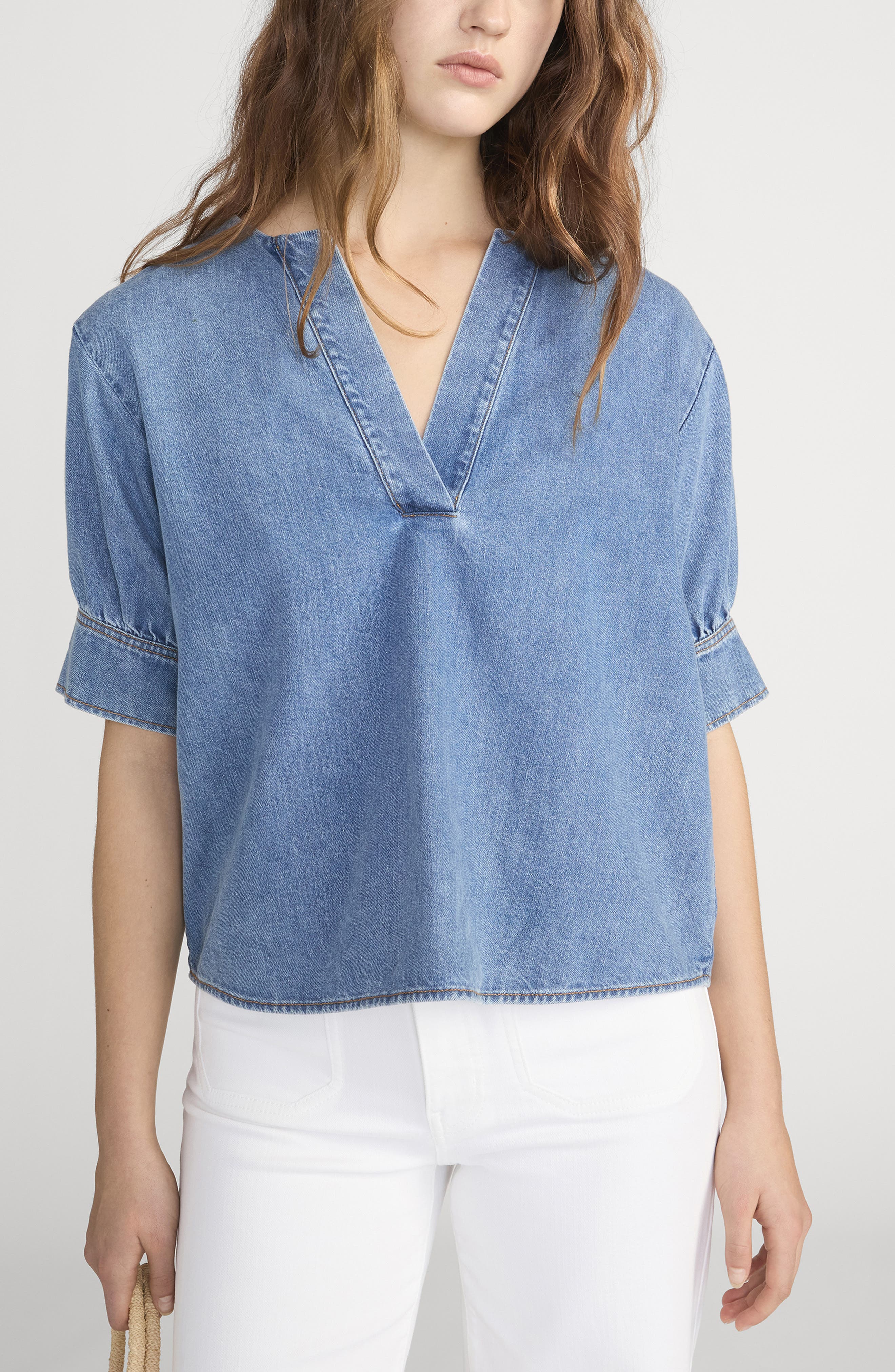 V-Neck Denim Popover Top