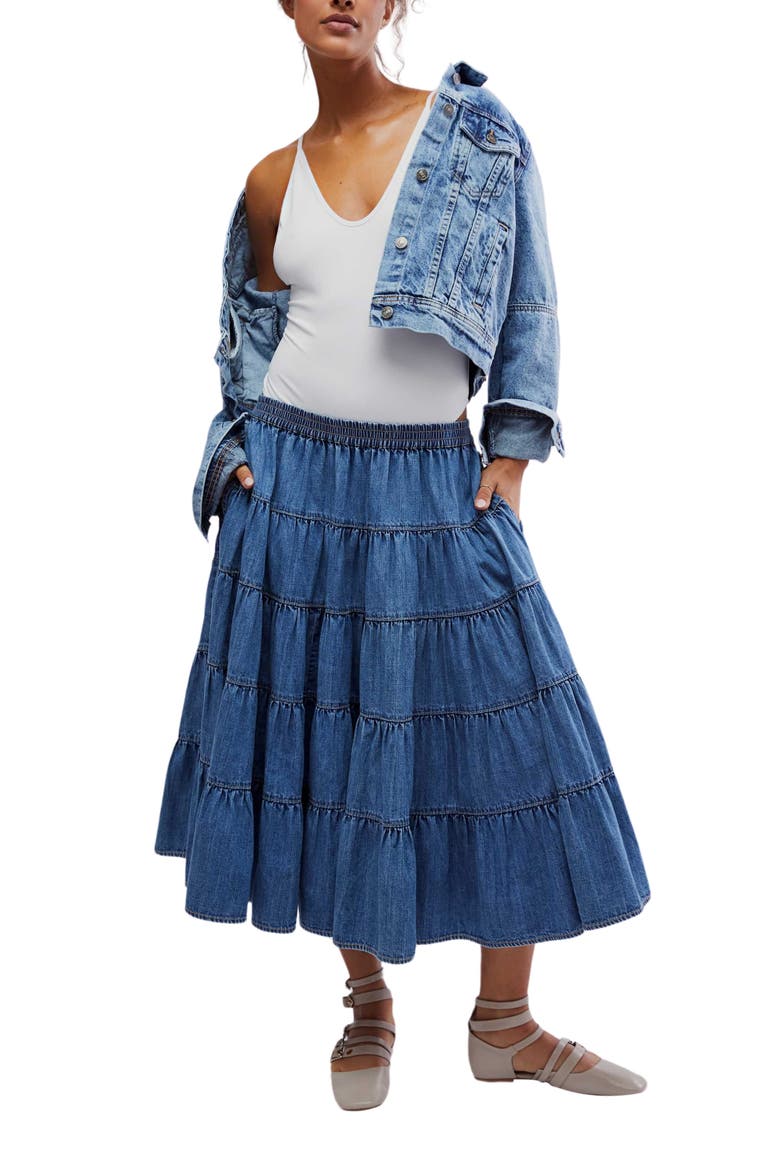 Chambray Tiered Midi Skirt, Alternate, color, COOL BLUE
