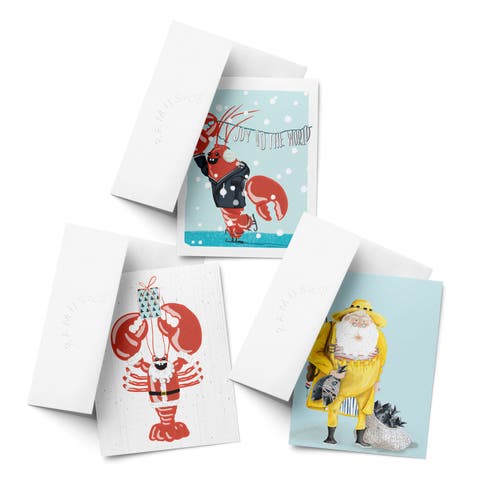 Joy to The World, Lobster Santa, Santa Fisherman Winter/Holiday/Christmas Greeting Card Pack Sets (3 ct, Assorted)