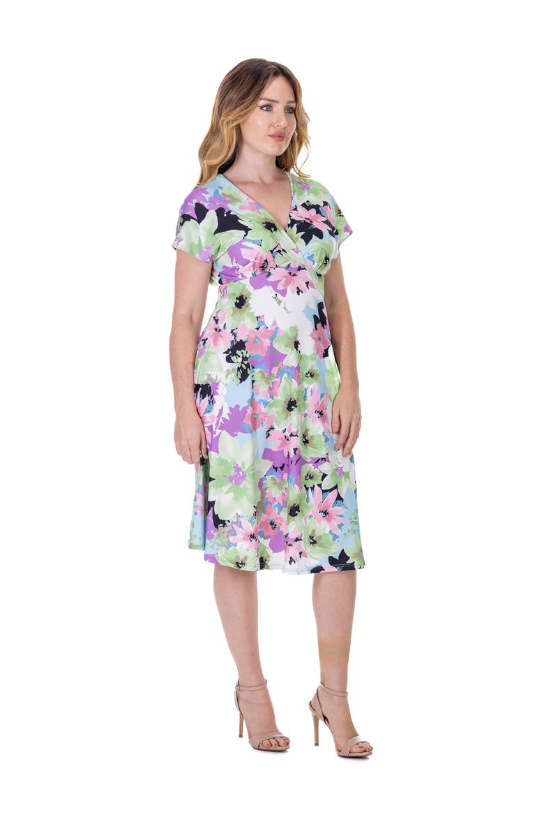 Petites Floral Print V-Neck Empire Waist Cap Sleeve Knee Length Dress, Alternate, color, White Multi