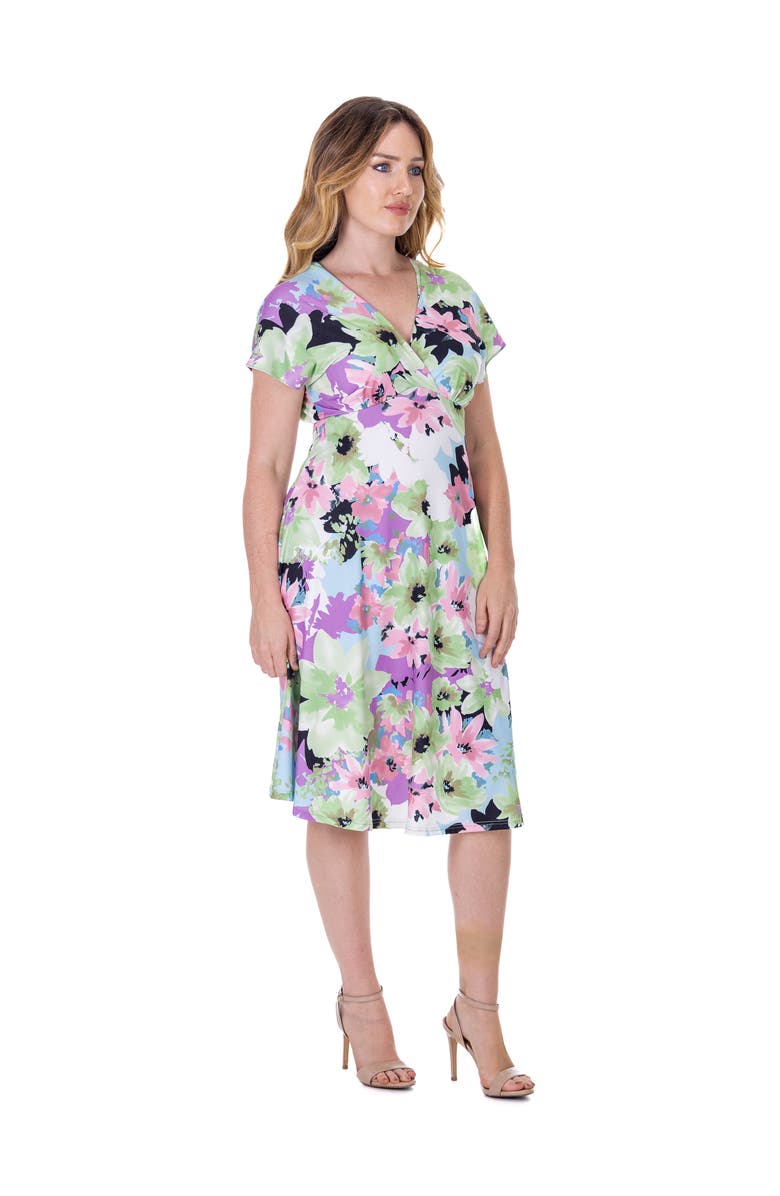 24seven Comfort Apparel Floral Print V-Neck Empire Waist Cap Sleeve Knee Length Dress, Alternate, color, Green Multi