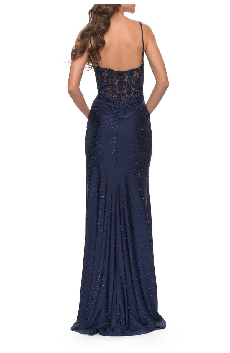 La Femme Lace Applique Sheer Back Rhinestone Jersey Dress, Alternate, color, Navy