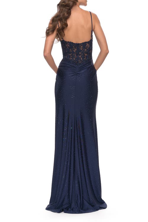 La Femme Lace Applique Sheer Back Rhinestone Jersey Dress