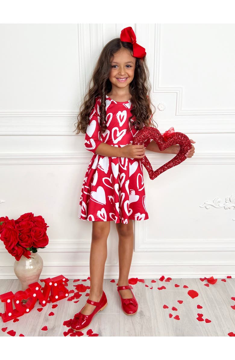 Mia Belle Girls Radiant Heart Twirly Long Sleeve Skater Dress, Alternate, color, Red