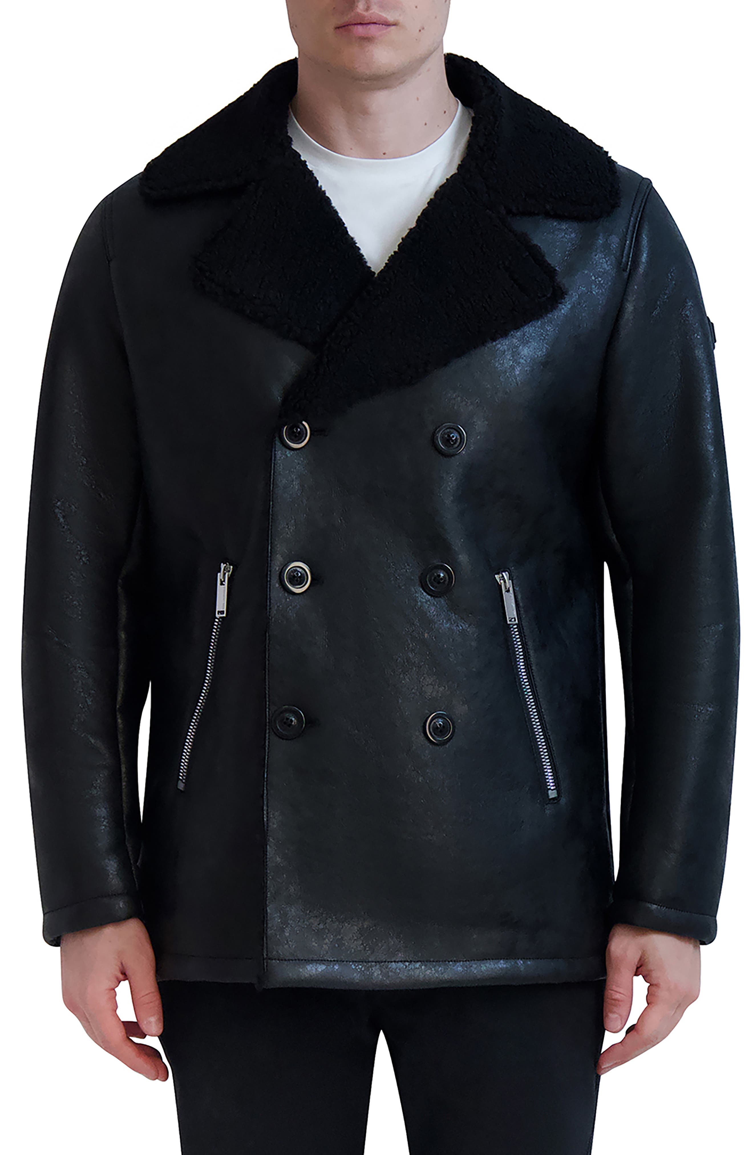 KARL LAGERFELD PARIS Faux Shearling Collar Faux Leather Coat