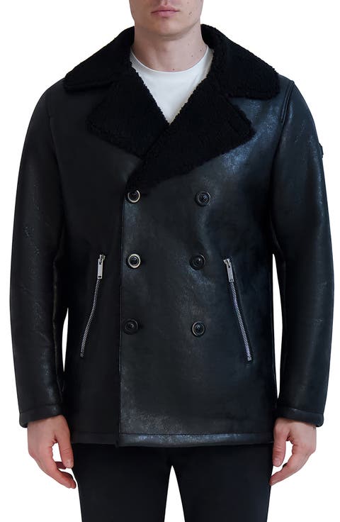 Faux Shearling Collar Faux Leather Coat