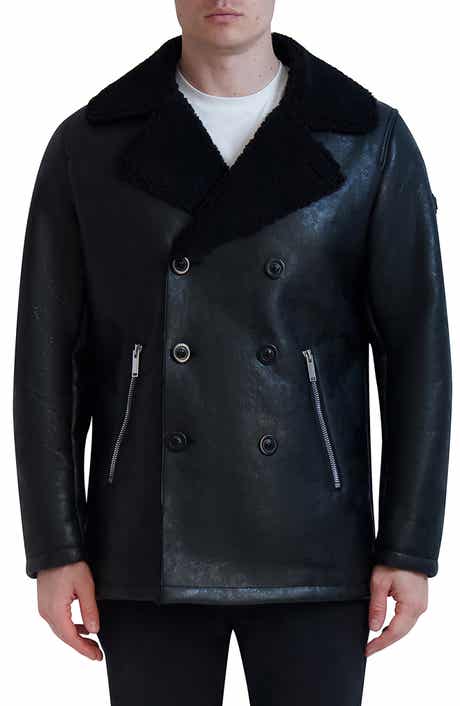 KARL LAGERFELD PARIS Faux Shearling Collar Faux Leather Coat