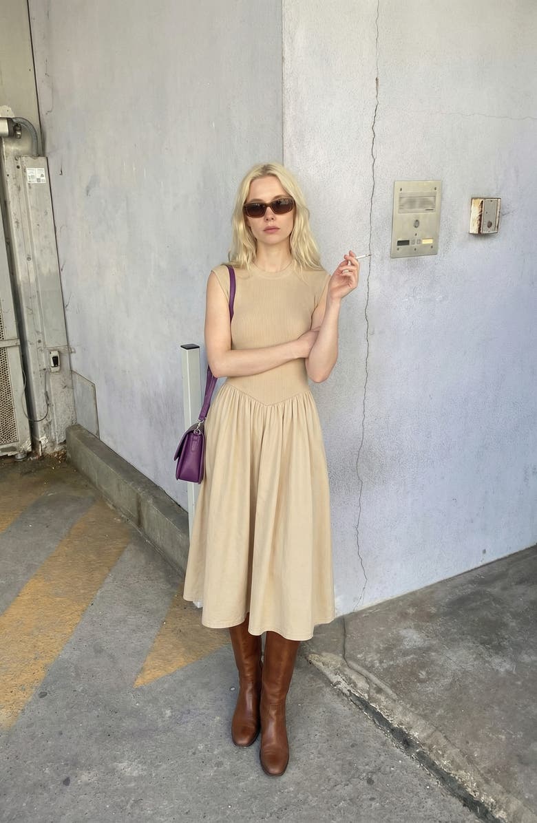 Modenaire Cap Sleeve Knit Flowy Midi Dress, Alternate, color, Beige