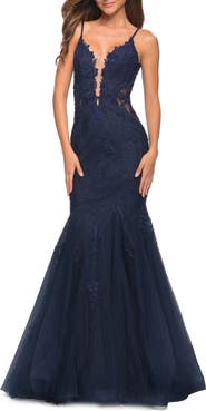 La Femme Tulle and Lace Mermaid Gown in Jewel Tones