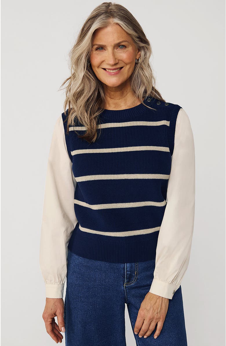 Lands' End Drifter Shaker Button Shoulder Sweater Vest with Poplin Sleeves, Main, color, Deep Sea Navy/Champagne Stripe